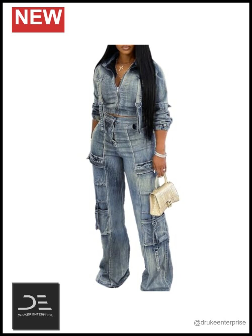 Two Piece Denim Tracksuit Set Long Sleeve Cropped Jean Jacket Cargo Pants